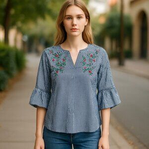 NWOT Marc New York Gingham Embroidered Blouse